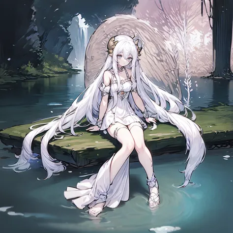 1 girl, white long hair, blue eyes, sitting in a creek, beautiful face, dragonian_head, dragonian_body, dragonian_hairstyle, dra...