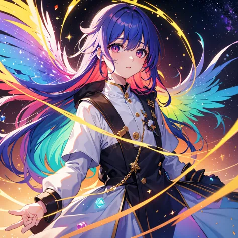((Fantasy　Rainbow Hair　Make your hair rainbow-colored on the inside　Long Hair　Dull red eyes　Have a galaxy　uniform　Put on a coat ...