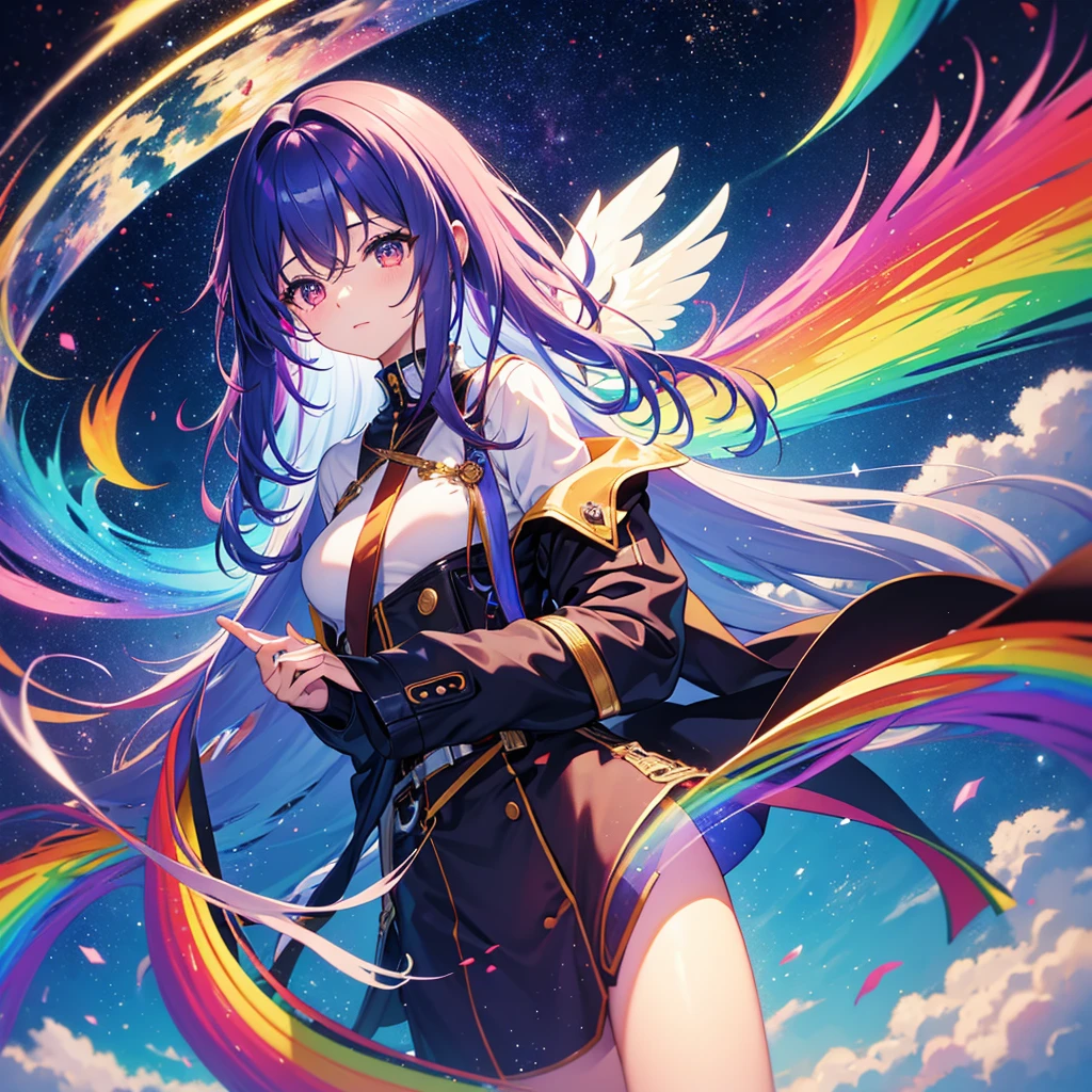 ((Fantasy　Rainbow Hair　Make your hair rainbow-colored on the inside　Long Hair　Dull red eyes　Have a galaxy　uniform　Put on a coat ...