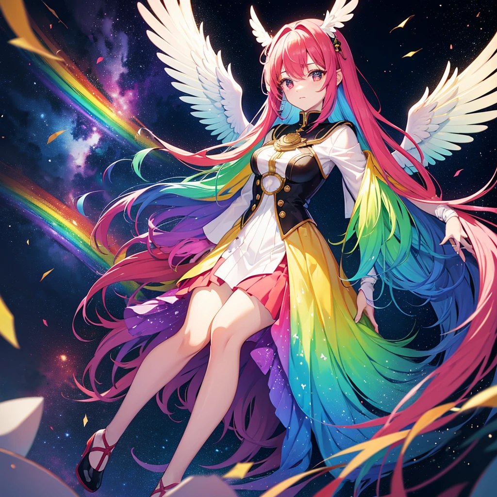 ((Fantasy　Rainbow Hair　Make your hair rainbow-colored on the inside　Long Hair　Dull red eyes　Have a galaxy　uniform　Put on a coat ...