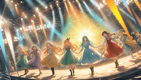 Five charming girls with their long hair hanging down their backs, Each one is bright, Colorful hair glittering under stage lights. The girls stood in a semicircle, Their skirts swayed as they performed. The first girl is wearing a red dress and black boot...