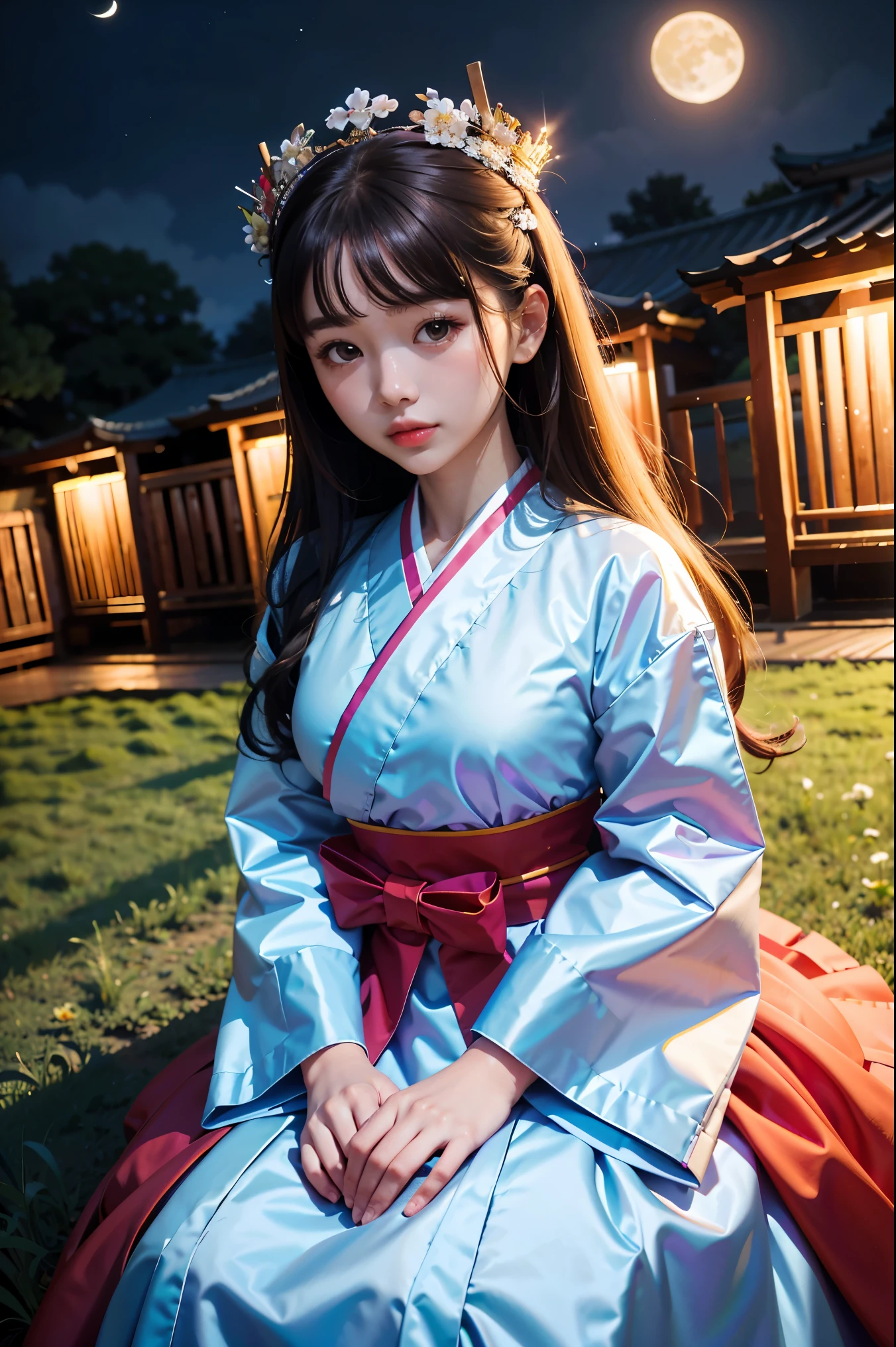 best quality, high_resolution, distinct_image, detailed background ,girl, hanbok,flower,garden,moon, night,dutch angle, wide shot, crown, 