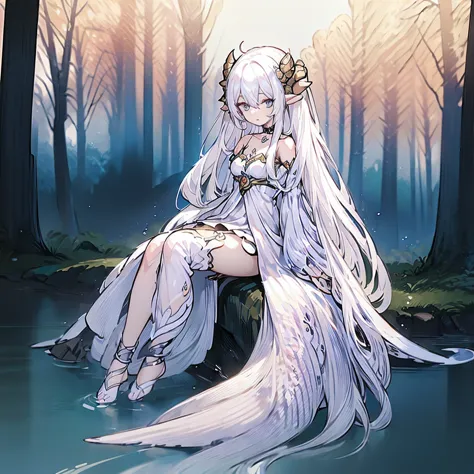 ((masterpiece)), ((bestquality)), (ultra-detailed), 1 girl, white hair, blue eyes, sitting in a creek, detailed face, dragonian_...