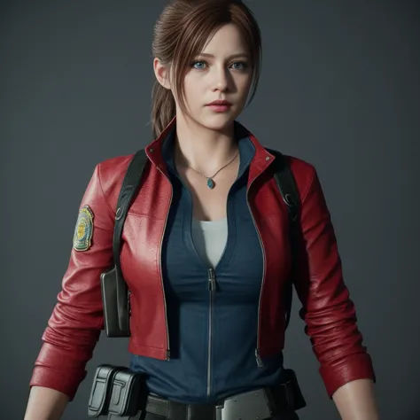 Claire Redfield, blue eyes, (best quality, ultra-detailed), (realistic:1.37), beautiful and detailed face, ultra-realistic textu...