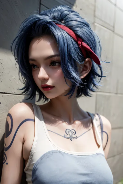 (masterpiece, highest quality), nojiko, hair band, Tank top，Blue hair color，赤いhair band