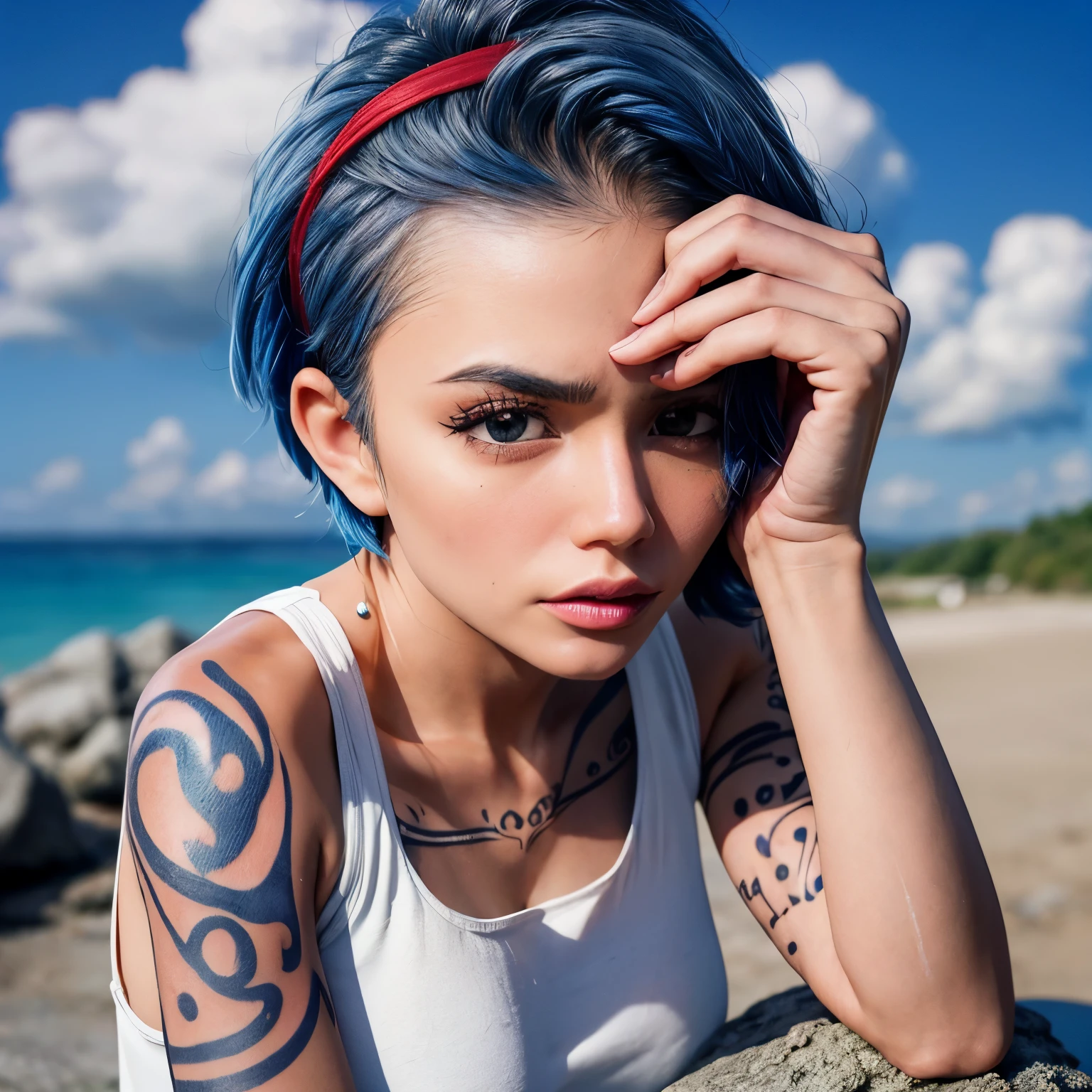 ((head shot)), (masterpiece, highest quality), nojiko, (Blue Short Hair), (red, hair band), (Tank top), Large Breasts, Sitting on a rock near the beach, Outdoor, blue sky, cloud Day, Day, (tattoo), emotional expression, Imaginative, Very detailed, Detailed pupil, Detailed face, Fine grain，Blue Hair，redいhair band