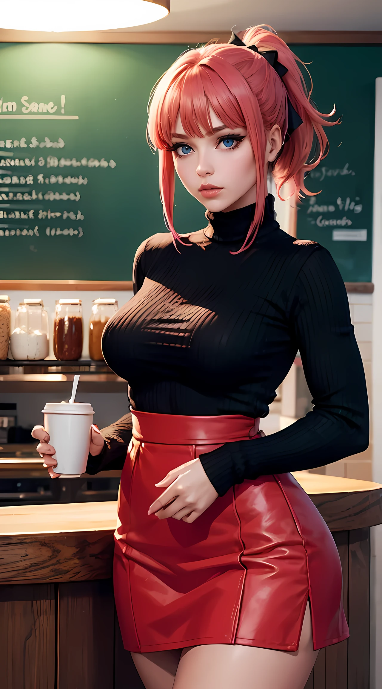Beautiful red and pink hair woman is shown to have a sexy figure, she is wearing a turtleneck sweater and cute skirt, high socks,, choker, sexy look, ponytail, hair bows, blue eyes, girl in a coffee shop ,sexy session, sexy pose, cowboy shot, superior quality, many details, realistic