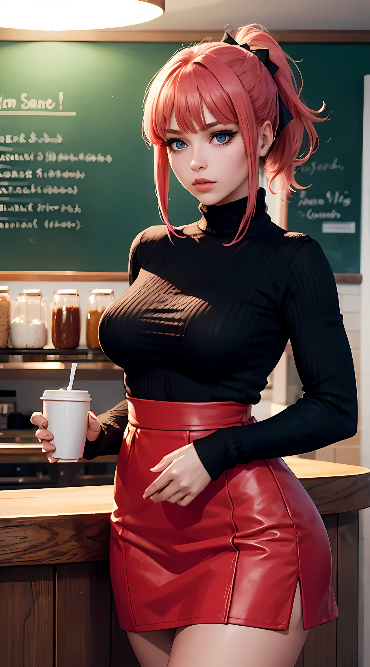 Schöne Frau mit roten und rosa Haaren und sexy Figur, Sie trägt einen Rollkragenpullover und einen süßen Rock, hohe Socken,, HALSBAND, sexy Aussehen, Pferdeschwanz, Haarschleifen, blaue Augen, Mädchen in einem Café ,sexy Sitzung, sexy Pose, Cowboy-Schuss, Gehobene Qualität, viele Details, realistisch