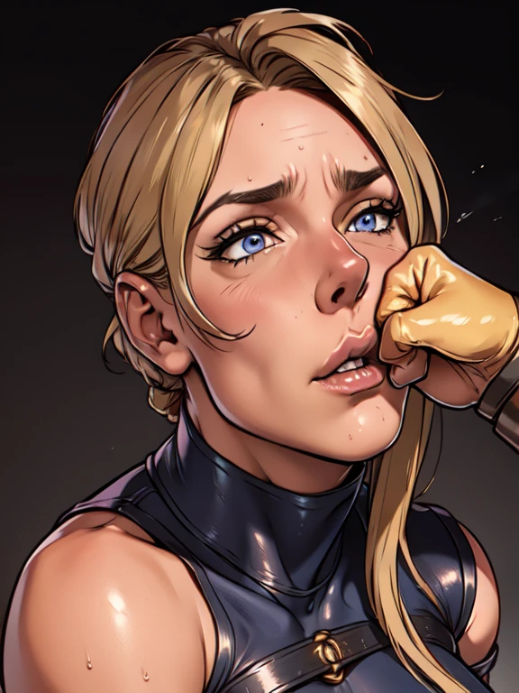 (best quality,4k,8k,highres,masterpiece:1.2),ultra-detailed,(realistic,photorealistic,photo-realistic:1.37),beautiful ((Power girl)),muscular,beautiful detailed eyes,beautiful detailed lips,longeyelashes,dark blond hair cascading down her shoulders,black leather pants,light beige sweater,full body,strong lighting,soft warm colors,blurred background,neutral expression, restrained in a sunlit city in ruins, (cameltoe), ((bound, restrained, kidnapped)), (((chained))), (((beaten by men))), (((hit in cheek:1.2))), (((violent hit action:1.2))), (((punched in the face:1.2)))