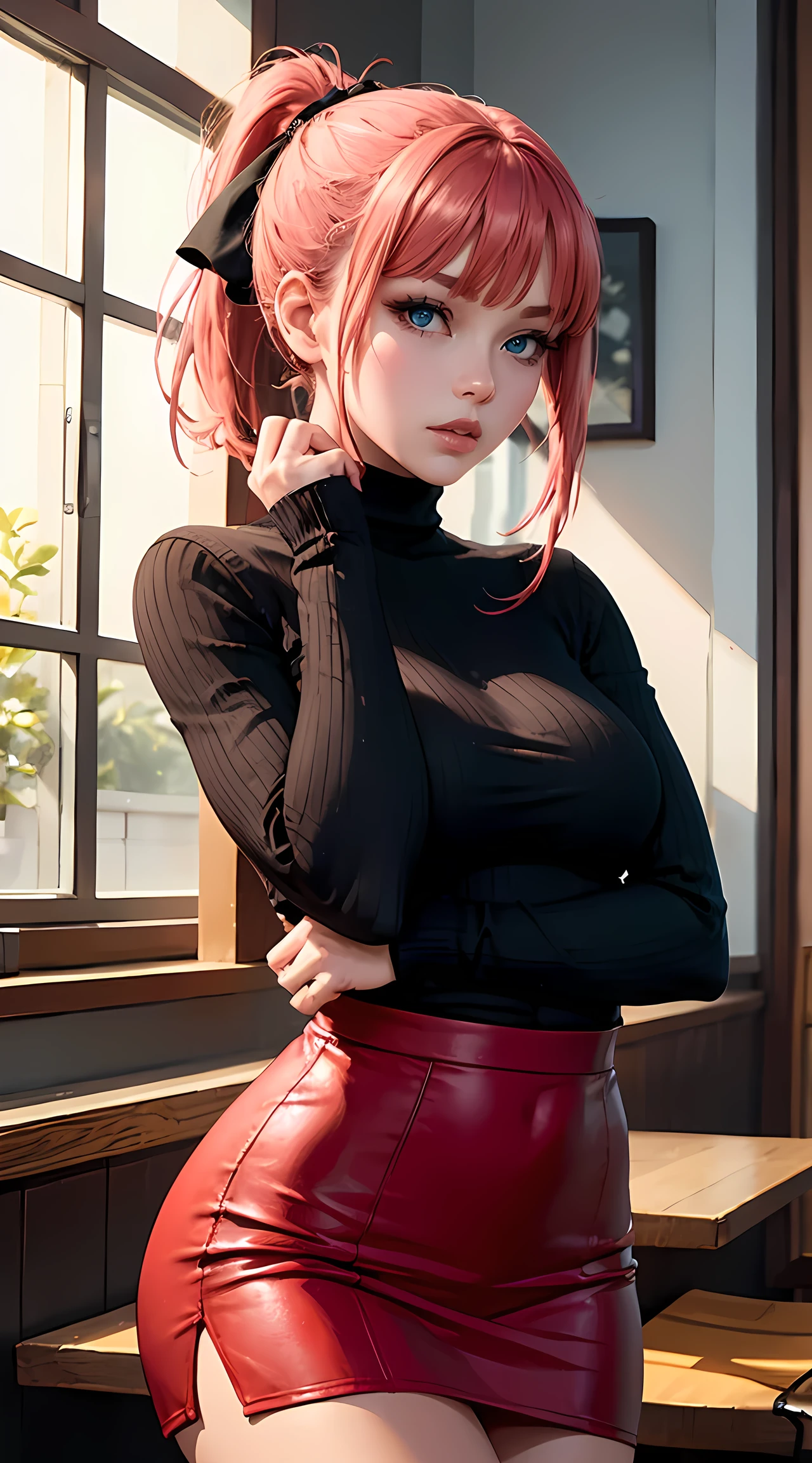 Beautiful red and pink hair woman is shown to have a sexy figure, she is wearing a turtleneck sweater and cute skirt, high socks,, choker, sexy look, ponytail, hair bows, blue eyes, girl in a coffee shop ,sexy session, sexy pose, cowboy shot, superior quality, many details, realistic