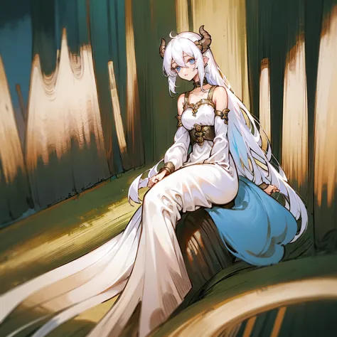 ((masterpiece)), ((bestquality)), (ultra-detailed), 1 girl, white hair, blue eyes, sitting in a creek, detailed face, dragonian_...