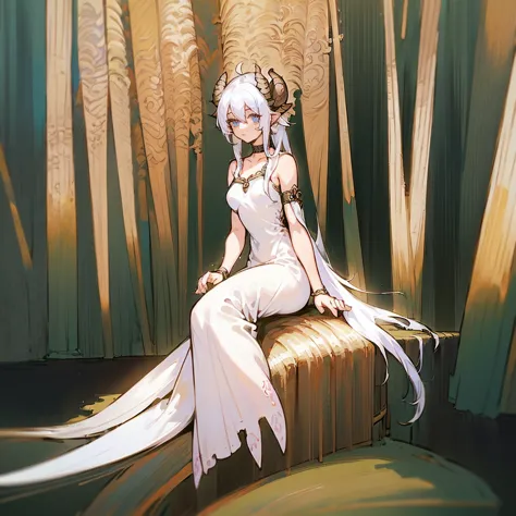 ((masterpiece)), ((bestquality)), (ultra-detailed), 1 girl, white hair, blue eyes, sitting in a creek, detailed face, dragonian_...