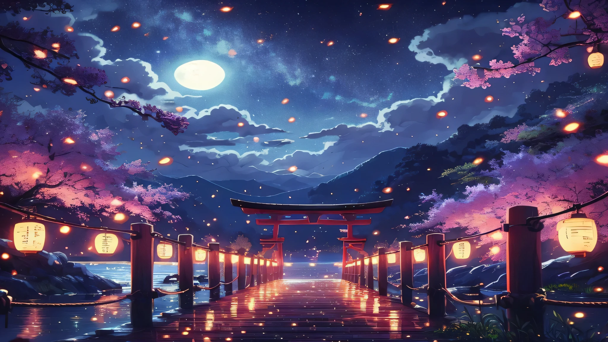 Anime lofi high definition scene 16mm render view of a torii gate surrounded by fireflies on a bridge over a lake。, Cherry tree, Full moon night, reflection, Starry sky, cloudy, wide sky, The surroundings are dim, Lanterns hanging on a bridge, Light, Vibrant colors, peaceful, Natural tones, Cloudy, Beautiful color palette, Vibrant, highly saturated colors, masterpiece, not human