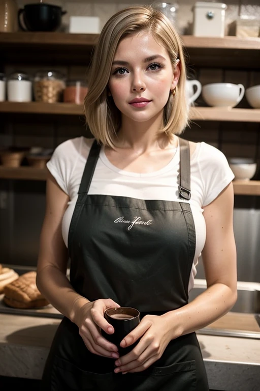 Analog photography of a woman, Vintage, Faded film, Film Grain, Coffee shop, apron, T-Shirts, Behind the counter, Large Breasts, blonde