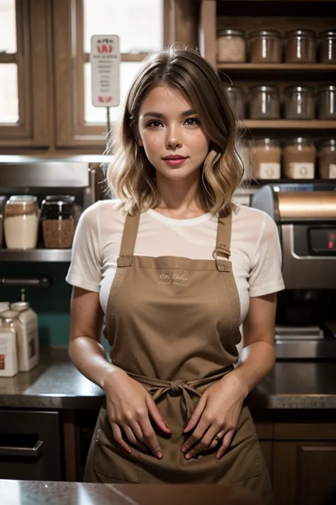 analog photography of a woman, vintage, faded film, film grain, coffee shop, apron, t-shirts, behind the counter, large breasts,...