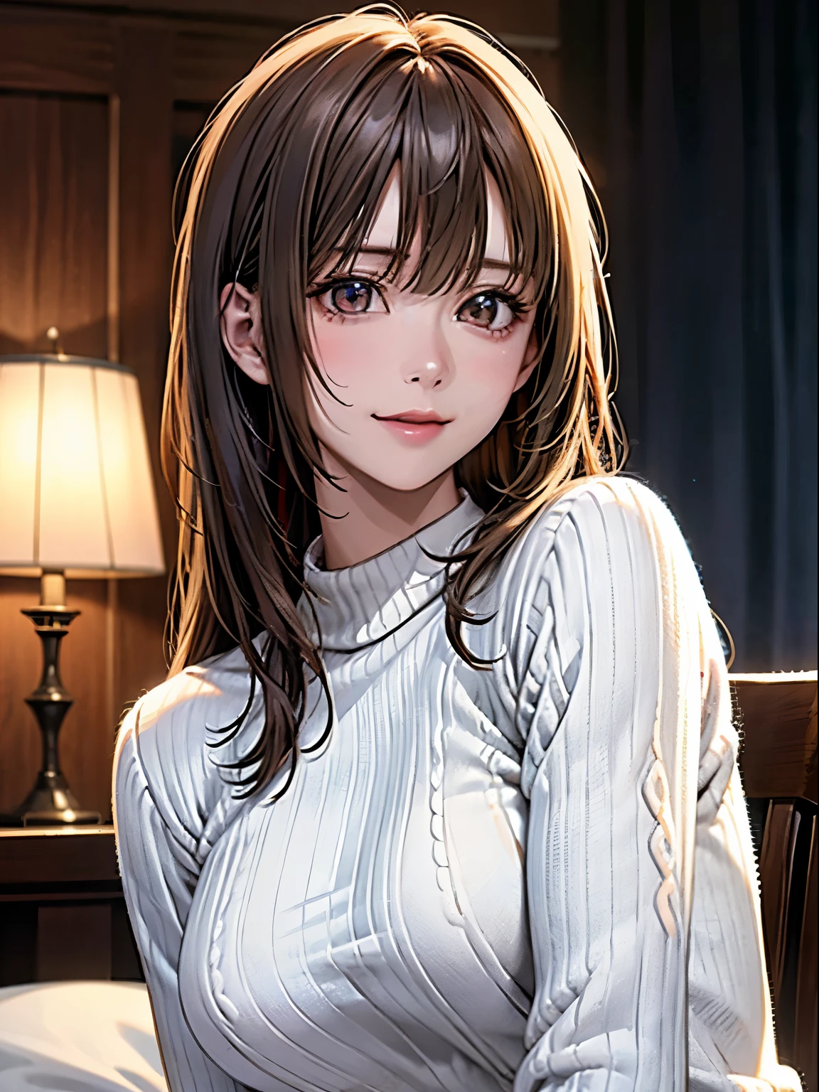 1 Japanese girl,(White sweater:1.4), (RAW Photos, highest quality), (Realistic, Realistic:1.4), Tabletop, Very delicate and beautiful, Very detailed, 8k wallpaper, wonderful, In detail, Very detailedなCG Unity, High resolution, Soft Light, Beautiful details 19 years old, Very detailedな目と顔, Beautiful and detailed nose, Beautiful details,Cinema Lighting,Perfect Anatomy,Slender body,smile  (Asymmetrical bangs,)