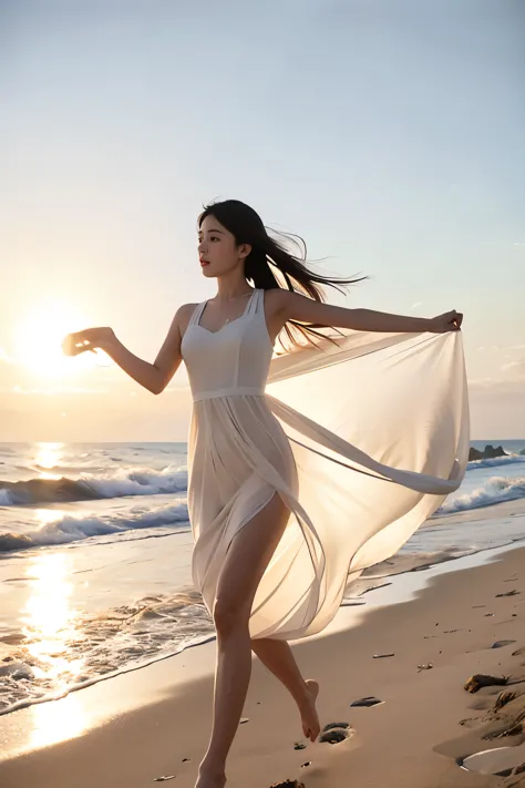 Running on the beach, (masterpiece, highest quality:1.2), One girl,, alone, Delicate face, White skin woman, See-through silhouette, White Dress, whole body, Outdoor, 