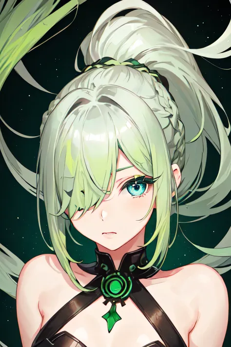 one girl, alone, (alternating silver and green hair colors:1.331), (ponytail, hair on one eye:1.2), {{;）}}, blue eyes, long eyel...