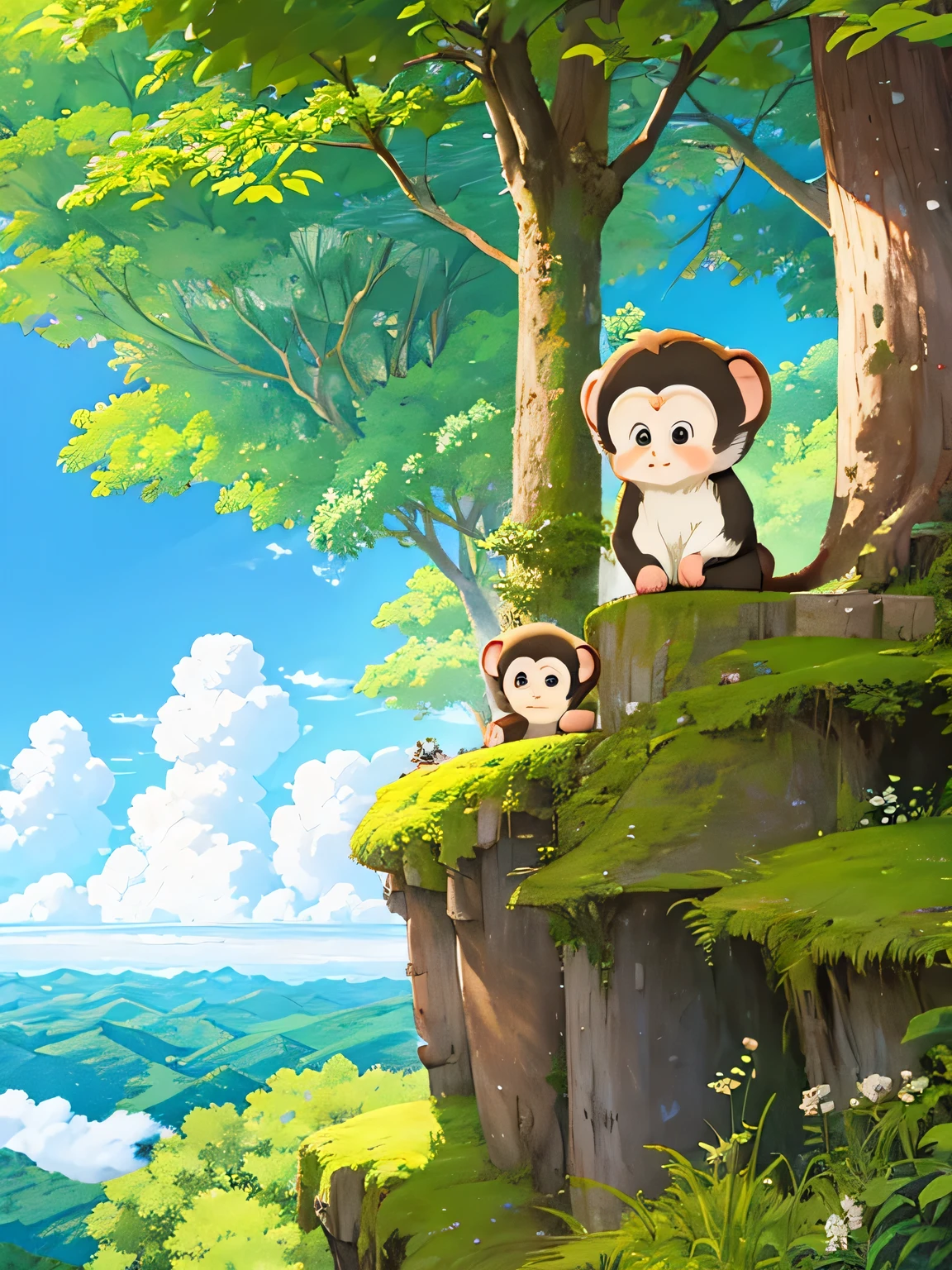 À la manière de Hayao Miyazaki, Conception Kawaii, Chibi fille singe, Forêt des singes, Au dessus des nuages, jouer avec un singe