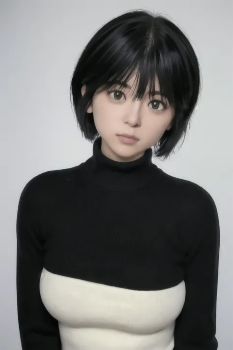 MikotoUrabe, pelo sobre los ojos,black sweater,turtleneck,falda blanca,medias negras a la altura de los muslos,
(mejor calidad, ...