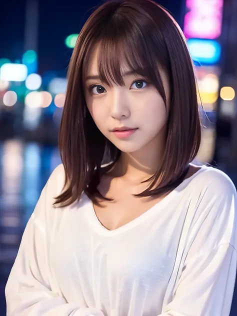A beautiful Japanese shy girl, age 18 years old, short brown hair, brown big eyes, shiny lip, shiny hair, wearing long sleeve v-...