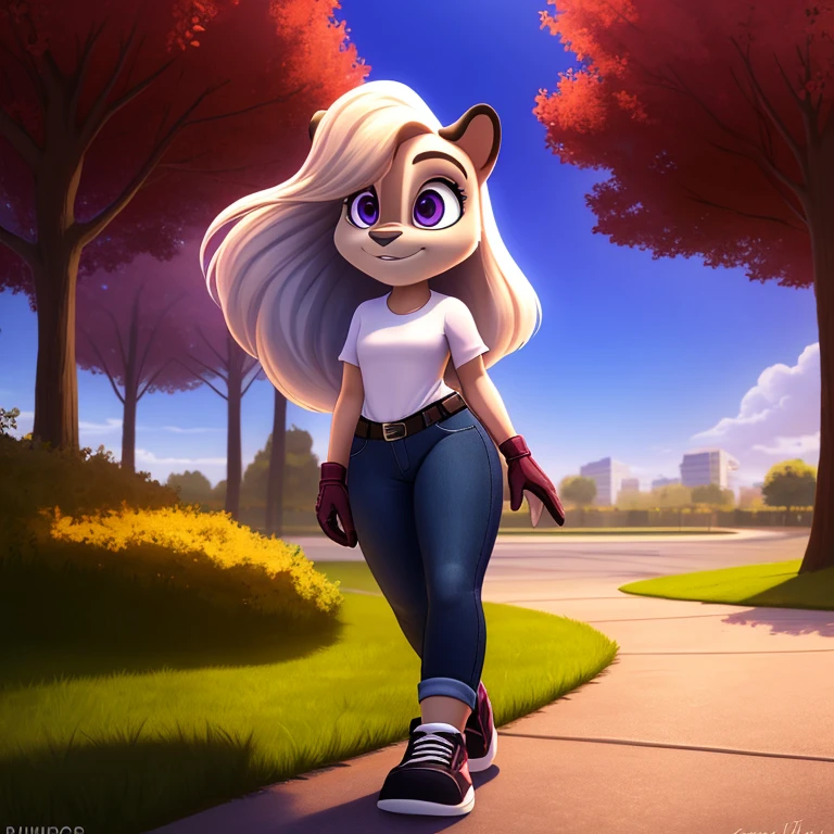 Anthro White Tiger, female, solo, white fur, white skin, white hair with black highlights, flowing hair, fluffy hair, violet eyes, shiny eyes, white shirt, jeans, glove, sneakers, park, path, grass, sunny, noon, standing, shiny hair, masterpiece, high quality, studio quality, intricate details, best quality, ultra-detailed, cinematic lighting, beautiful lighting, hi res, detailed, vibrant lighting, detailed background, zootopia inspired art style, long ponytail, fit, detailed irises, short leather jacket, 1girl, fluffy bangs