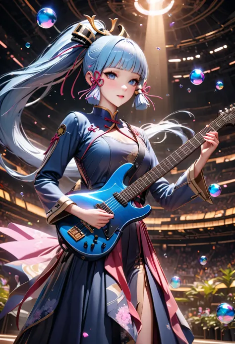 (masterpiece), (best quality), (Super detailed),(lifelike：1.37), (An idol playing electric guitar on stage), 3D,(Face painting:0...
