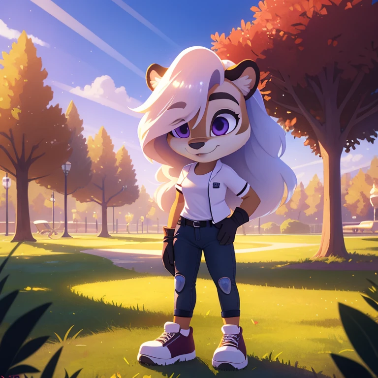 Anthro White Tiger, female, solo, white fur, white skin, white hair with black highlights, flowing hair, fluffy hair, violet eyes, shiny eyes, white shirt, jeans, glove, sneakers, park, path, grass, sunny, noon, standing, shiny hair, masterpiece, high quality, studio quality, intricate details, best quality, ultra-detailed, cinematic lighting, beautiful lighting, hi res, detailed, vibrant lighting, detailed background, zootopia inspired art style, long ponytail, fit, detailed irises, short leather jacket, 1girl, fluffy bangs