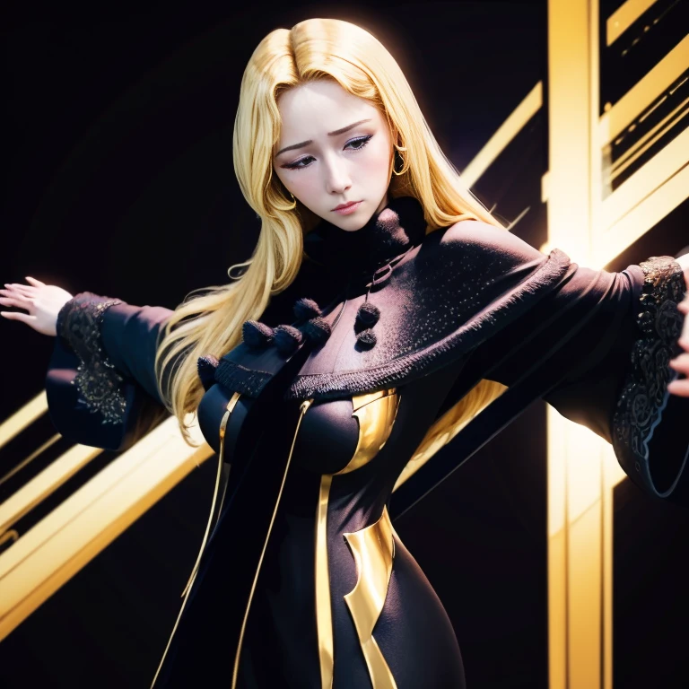 Maetel、universe、One 19-year-old woman、Realistic Hair、Realistic Skin、Realistic fingers、beautiful long hair of golden color、Hands at Side in Christ Pose、Crucifixion、Black coat is torn、Defeated heroine、Golden Handcuffs，Gold chain，Golden Collar，Big Breasts、Large Breasts、Big Hips、Hands are tied in handcuffs，Tears flow，View your viewers、Almost a photo、