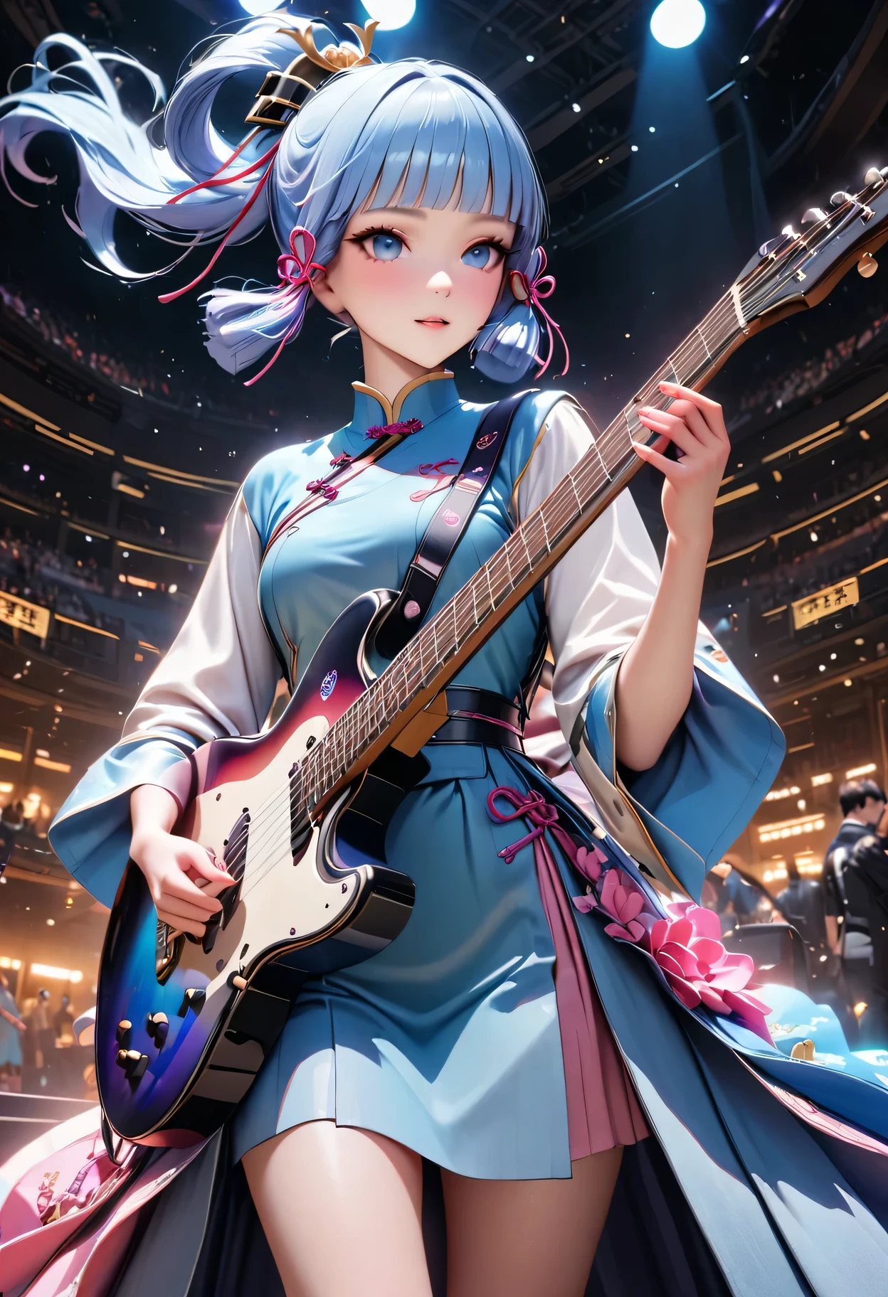 (masterpiece), (best quality), (Super detailed),(lifelike：1.37), (An idol playing electric guitar on stage), 3D,(Face painting:0.8),Solitary,Chinese clothes,Sci-fi style,Forest Green, permanent, Looking at the audience, (Stage Background),Beautiful blue eyes, Beautiful face, floating,(High Saturation),(Colorful splash),Colorful bubbles,(shining), focus on face, Ponytail, Kamisato Ayaka, light blue hair, Bangs, Hair ring, floating flowers, Floating hair, (shining), Optimal lighting, The best shadow,
