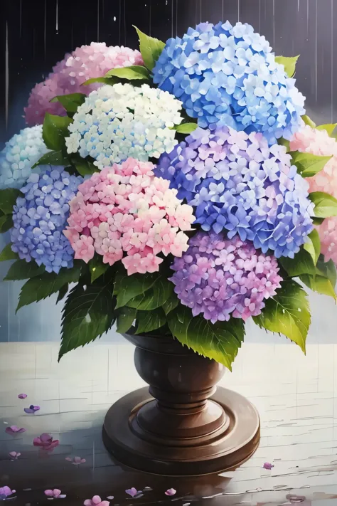 Japanese painting style, fusion of oil and watercolor, masterpiece, best quality, super fine, rain, light blue hydrangea, pink hydrangea, purple hydrangea