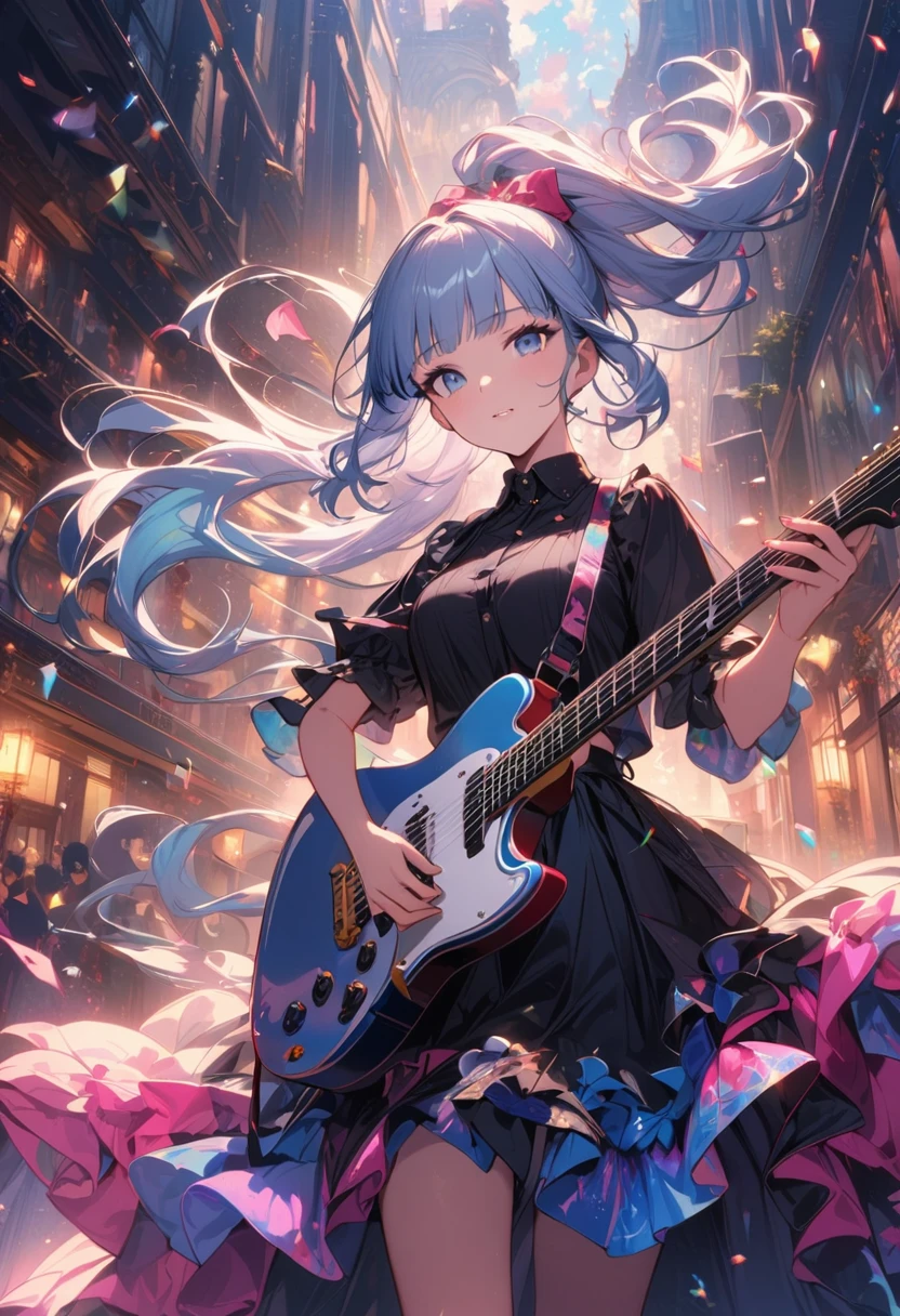 (masterpiece), (best quality), (Super detailed),(illustration), (An idol playing electric guitar on stage), (Fashion Clothing), permanent, Looking at the audience, (Stage Background),Beautiful blue eyes, Beautiful face, floating,(High Saturation),(Colorful splash),Colorful bubbles,(shining), focus on face, Ponytail, kamisato ayaka, light blue hair, bangs, Hair ring, floating flowers, Floating hair, (shining), Optimal lighting, The best shadow,
