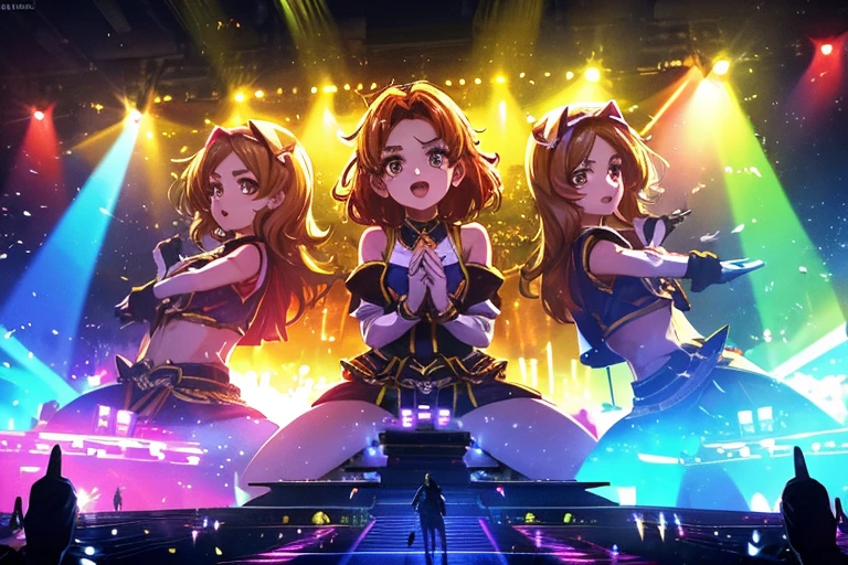 musical anime, cinematic, dramatic, performance, masterpiece, dynamic view, close-up angle, detailed, 12K quality, three idol girls, very excited, synchronized performance, bright clothes, night show on a stage in a stadium, ecstatic audience swinging batons luminous, light show,