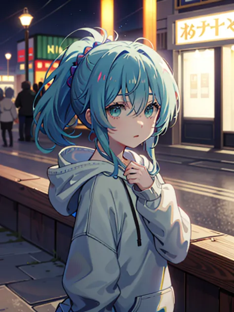 hair on one eye、green hair ponytail、blue eyes、city of night、white hoodie