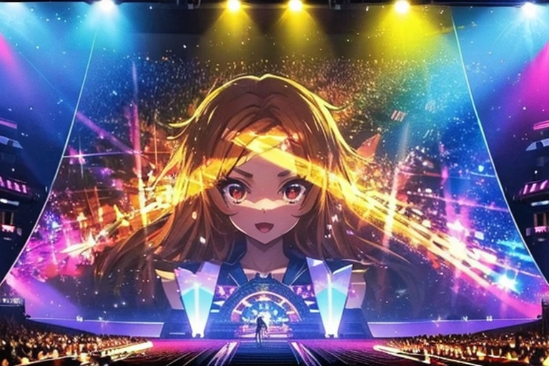 musical anime, cinematic, dramatic, performance, masterpiece, dynamic view, close-up stage angle, detailed, 12K quality, three idol girls, very excited, synchronized performance, bright clothes at a night show on a stage in a stadium, audience ecstatically swinging glow sticks, light show, display on big screens,