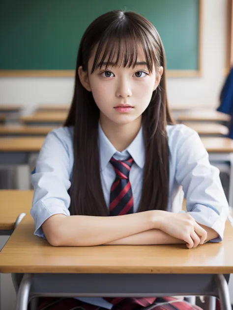 masutepiece, best quality, 1girl in, looking at viewer, , school, school desk,, solo,