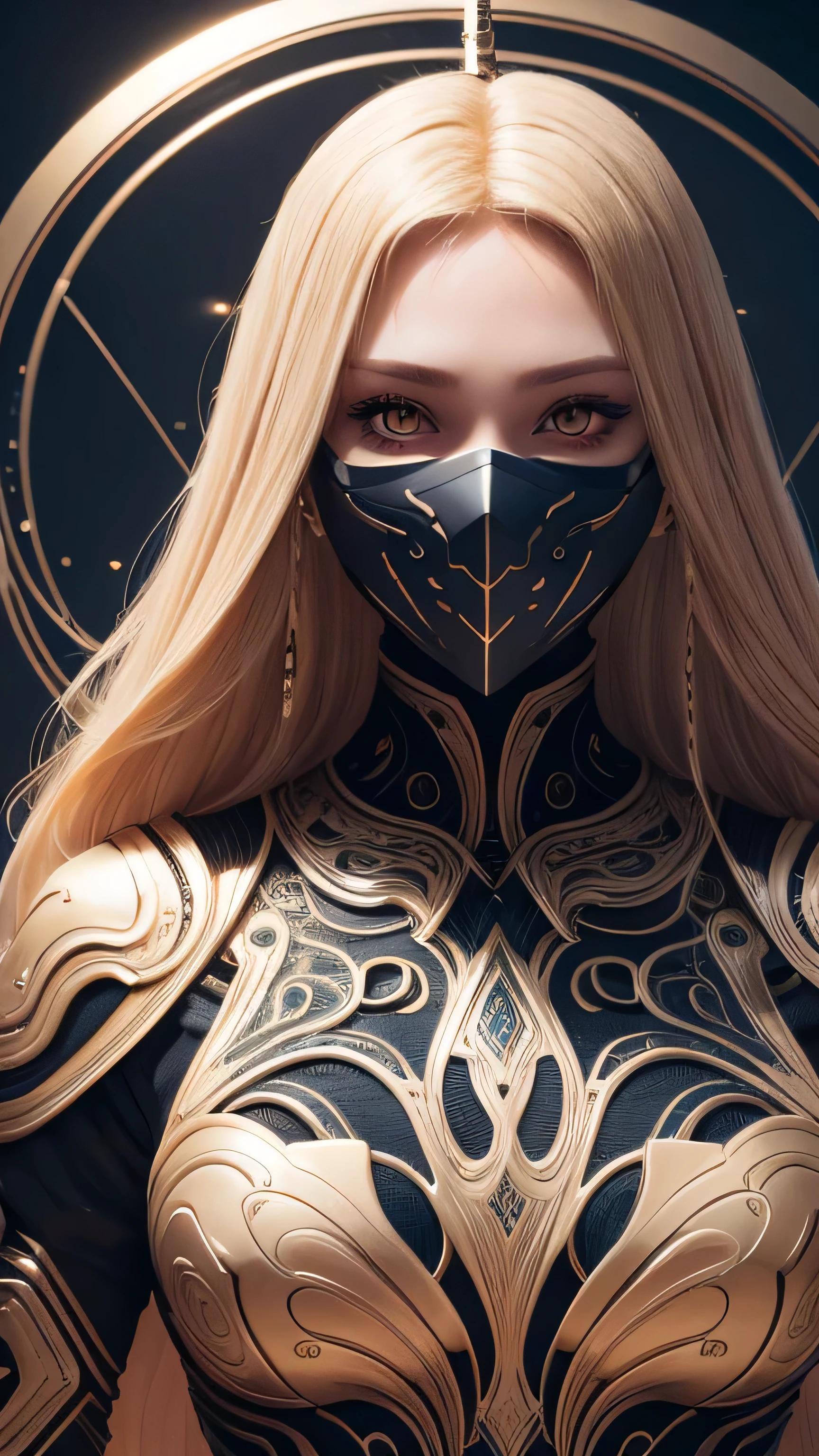 Girl with long blond hair, Yellow eyes, futuristic vibe, Wear a mask on your mouth, earphone, 8k, high quality, Simple background, Glowing eyes, Beautiful posture