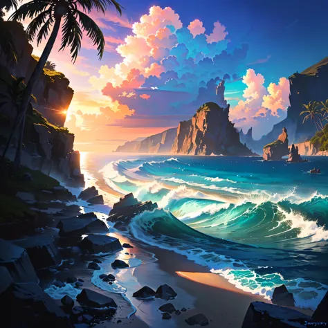 picture of the beach, turquoise sea, waves, lush huge clouds, ross tran, scenic background, james gurney and andreas rocha, conc...