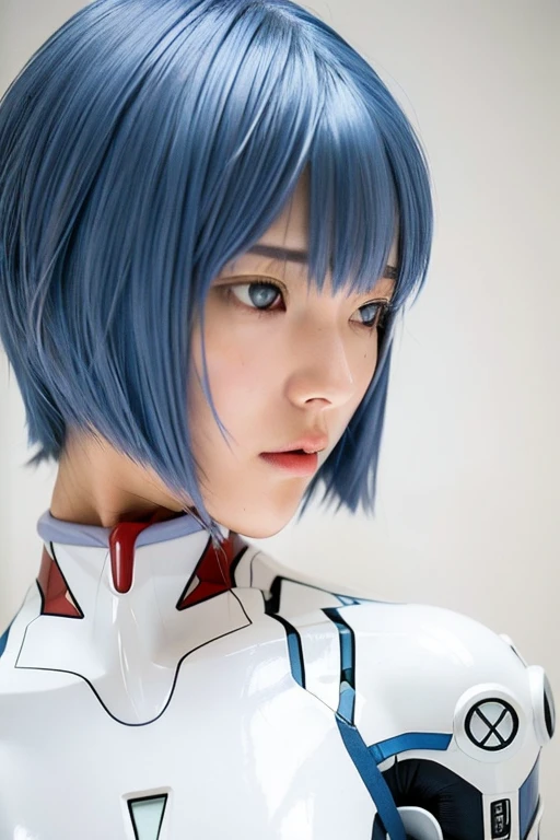 Bust up photo, Woman close up, Evangelion, Rei Ayanami, Ayanami, Rei Ayanami, rogue anime girl Ayanami Rei, 
short hair, Blue Hair, Detailed Hair, Hair blowing in the wind, Smooth Hair, 
Red eyes, Red Eyes, 
Real skin, Accurate anatomical structure, Red eyes, Red Eyes, Shoulder width is normal, Sloping shoulders, small breast, Futuristic Suit,EvangelionのPlug Suit, Suits Bodysuits, Plug Suit, Evangelionのパイロットスーツ, Perfect android girl, Beautiful female android, Photorealistic girl rendering, Cute Cyborg Girl, Portrait Anime Astronaut Girl, 
