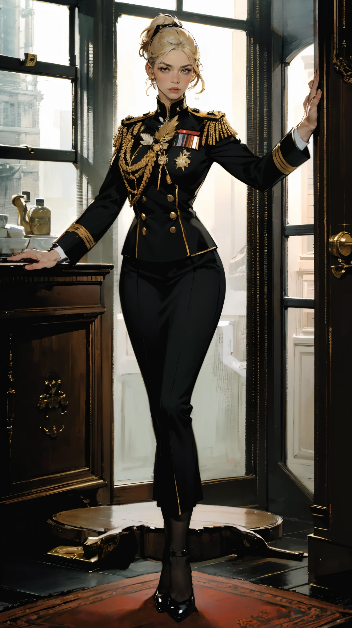 (Best quality, 4K, high resolution, masterpiece:1.2), ultra-detailed, realistic (photo-realistic:1.37), araffe attractive young woman, senior military officer, (wearing black Prussian Hussar uniform), blonde hair, high ponytail hair style, standing confidently, This full-body portrait captures her strength and authority, with sharp focus on her uniform's details and her commanding gaze, The image evokes an aura of discipline and respect, set against a military backdrop,