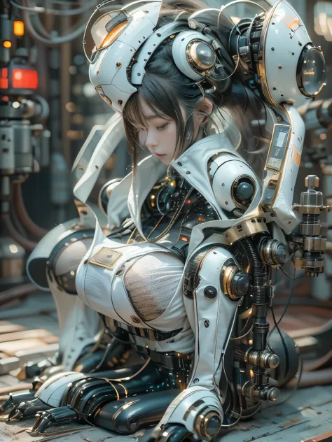 masterpiece, best quality, extremely detailed, portrait,Japaese android girl,Plump,a bit chubby,control panels,android,Droid,Mec...