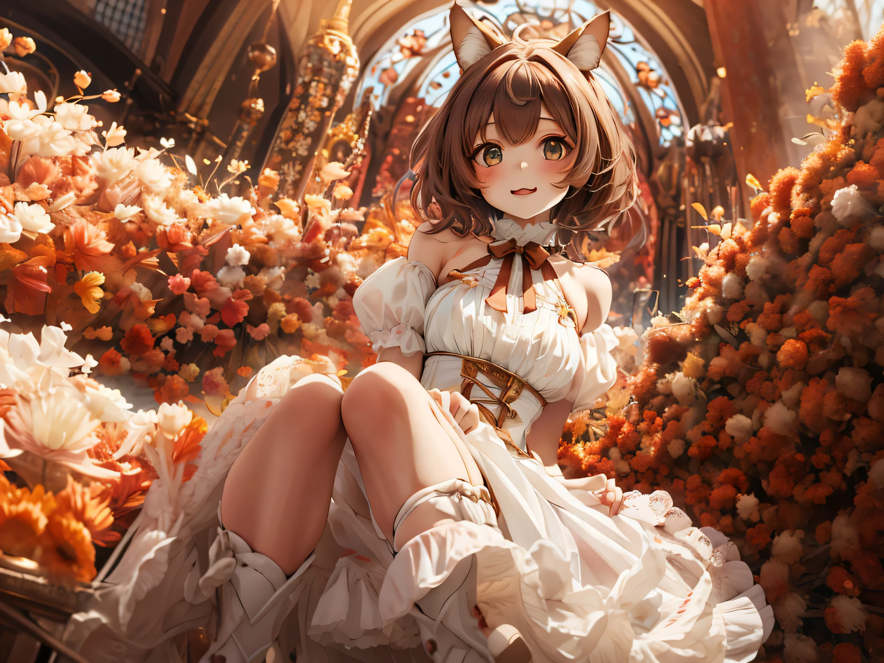 {{{Illustration of one girl}}}, 10-year-old girl, one person, Green Eyes, Brown Hair, Dog ears, Dog tail, Short Bob Hair, Small breasts,red and white gothic lolita, mini skirt, Short stature, A cheerful smile, 32K image quality, Ancient battlefield, Clothes with very detailed embroidery,{{{Both hands are lifting up the chest}}},