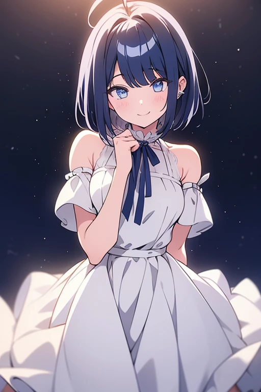 (One girl), (alone), (Focus on women), Focus on the face, blue eyes, navy hair, short hair, white one side hair ribbon, shiny skin, cowboy shot, blunt parted bangs, 1ahoge, standing, shy,idol dress,seductive smile, make out,POV,