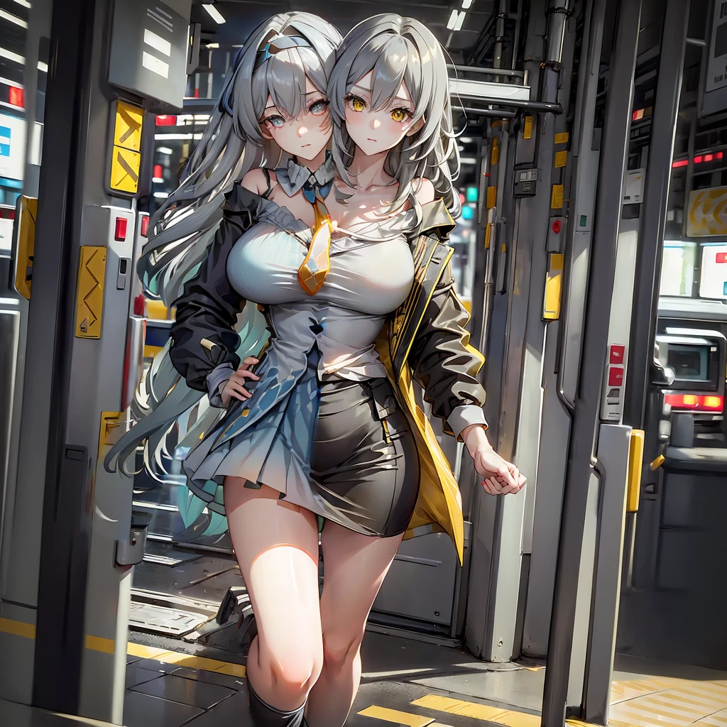 (masterpiece,best quality),best resolusion,1 girl,solo,Firefly character,long gray hair,gray eyes,use hair accessories,wearing a dress with a dominant color of light blue from the chest to the hips with black on the shoulders accompanied by gold patterns,Wearing a two-pronged orange tie,wearing footwear from thigh to toe with a dominant color of dark blue with a little white and gold patterns,normal breasts,beautiful face,beautiful hand, beautiful body,beautiful hair,beautiful eyes,beautiful leg,Colored,half colored