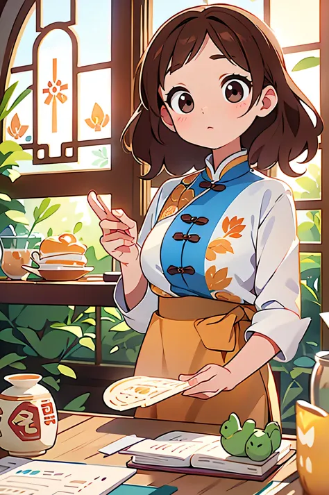 Illustration design, Delicate characters, Windows, table, Brown Hair, Big eyes, Long Chinese Dress