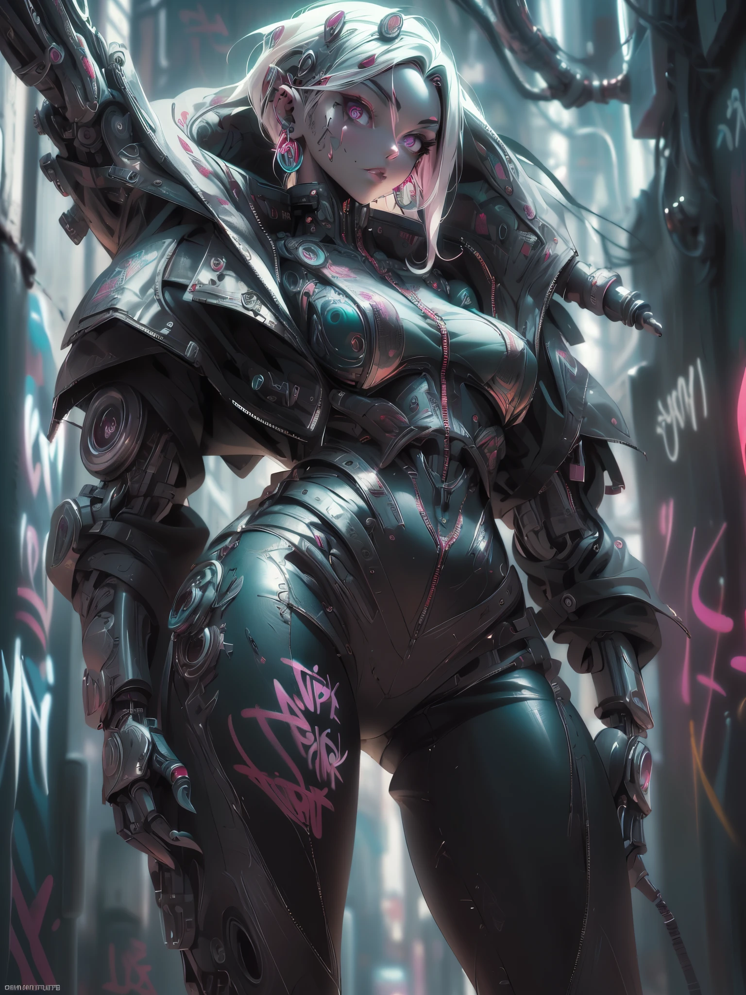 Hinweis zum Thema: (One cyborg girl, Harajuku-Jacke, eng anliegende Overalls, cyberpunk ((Kampfrüstung)), (Graffiti: 1.5), stehe in der Cyberpunk-Straße, dynamische pose, looking at the Sichter, armband, Kopfneigung, schwarzes Haar, meergrüne Augen). &quot;Schwarz, Todessense, höllischer Horror, Sicht, zerrissene Kleidung, herunterschauen, Illustrationen, Hohe Auflösung, Ultra-Detail, dunkle Fantasie, scharfer Fokus, leuchtende Farben, dramatische Beleuchtung, bokeh.” ". weibliche Roboterpilotin, mechanische Kreatur, elektronische Drähte übertragen Computernerven, Gesicht des Mädchens, dystopischer Surrealismus, Alex Rice Zdzisaw Beksinski Giger, sehr komplizierte Details, Chinesische Dämonin, tief leuchtende Augen enthalten Galaxien, Kopf enthält Nebel, tiefe Ästhetik, Konzeptkunst, geschnitzte Silberkreise, Dioden, Widerstände, Halbleiter, aufwendig.