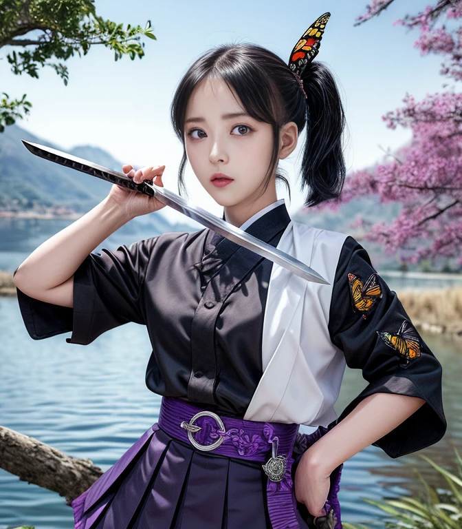 (masterpiece, best quality:1.2), kimetsu no yaiba style, (kanao tsuyuri, KanaoDef), (black hair, side ponytail, butterfly hair ornament), (purple eyes, looking at viewer), serious expression, demon slayer uniform, belt, black pleated skirt, white cape, (holding sword, Katana) BREAK holding sheath, lake background