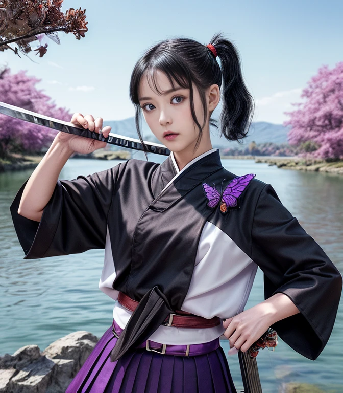 (masterpiece, best quality:1.2), kimetsu no yaiba style, (kanao tsuyuri, KanaoDef), (black hair, side ponytail, butterfly hair ornament), (purple eyes, looking at viewer), serious expression, demon slayer uniform, belt, black pleated skirt, white cape, (holding sword, Katana) BREAK holding sheath, lake background