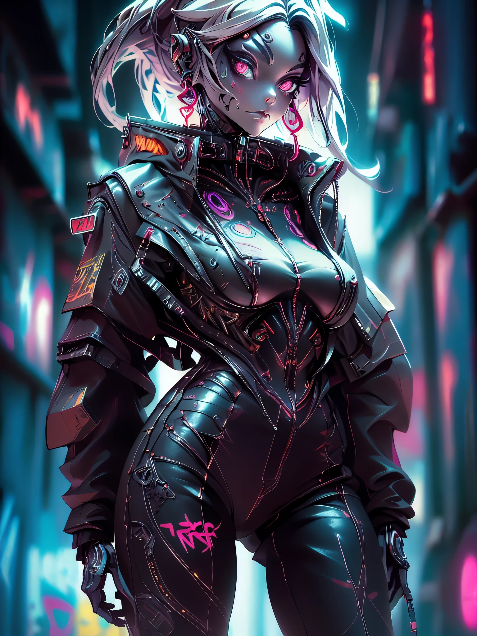Hint for this topic: (One cyborg girl, Harajuku jacket, tight-fitting overalls, cyberpunk ((combat armor)), (graffiti: 1.5), standing in cyberpunk street, dynamic pose, looking at the viewer, armband, head tilt, black hair, sea green eyes). “black, death scythe, hellish horror, view, torn clothes, looking down, illustrations, high resolution, ultra detail, dark fantasy, sharp focus, vibrant colors, dramatic lighting, bokeh.” ". female robot pilot, mechanical creature, electronic wires transmit computer nerves, girl's face, dystopian surrealism, Alex Rice Zdzisaw Beksinski Giger, very intricate details, Chinese woman demon, deep glowing eyes contain galaxies, head contains nebula, deep aesthetics, concept art, carved silver circuits, diodes, resistors, semiconductors, ornate.