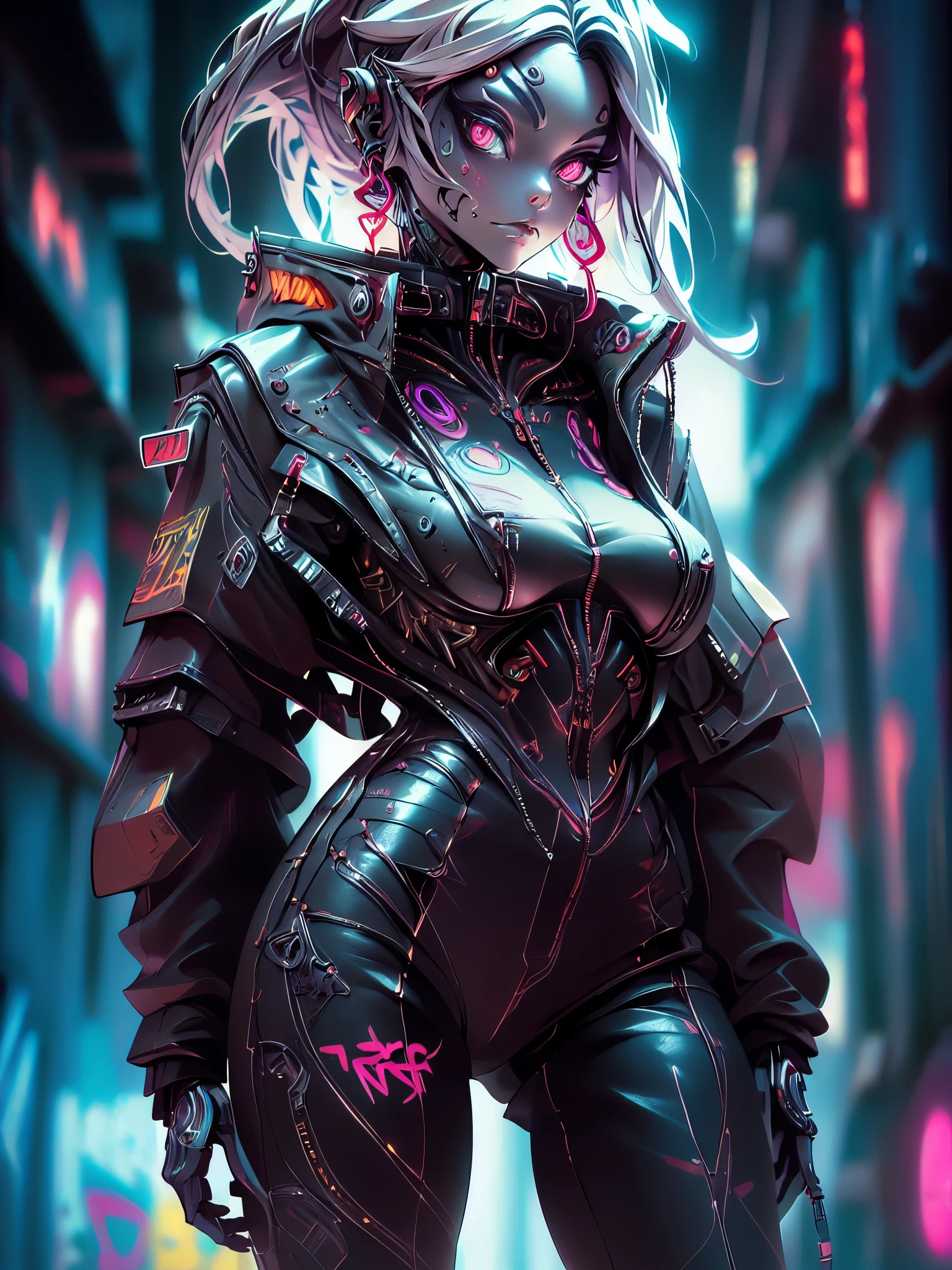 Astuce pour ce sujet: (Une fille cyborg, Veste Harajuku, salopette ajustée, cyberpunk ((Armure de combat)), (Graffiti: 1.5), debout dans la rue cyberpunk, pose dynamique, looking at the voirer, brassard, inclinaison de la tête, cheveux noirs, yeux vert d&#39;eau). &quot;noir, Faux de la mort, horreur infernale, voir, Vêtements déchirés, regarder en bas, illustrations, haute résolution, Ultra détaillé, Fantaisie sombre, netteté, couleurs vives, Éclairage dramatique, bokeh.» ". pilote de robot féminin, créature mécanique, les fils électroniques transmettent les nerfs de l&#39;ordinateur, visage de fille, surréalisme dystopique, Alex Rice Zdzisaw Beksinski Giger, détails très complexes, Démon femme chinoise, les yeux profondément brillants contiennent des galaxies, la tête contient une nébuleuse, esthétique profonde, art conceptuel, circuits en argent sculpté, diodes, résistances, semi-conducteurs, orné.